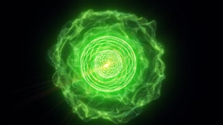 Glowing green energy sphere with swirling orbit lines and luminous plasma halo on dark background, futuristic sci-fi power visualization