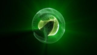 Green glowing plasma cell sphere with translucent membrane, inner core, and radiant futuristic biology atmosphere.