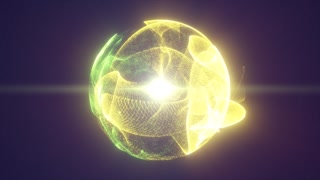 Golden yellow holographic energy sphere with flowing particle waves, bright central glow, and abstract futuristic sci-fi design.