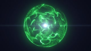 Bright green abstract sphere with fluid plasma texture and glowing inner core on a dark background, representing futuristic energy and digital science.