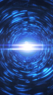 Blue energy tunnel with bright core and radial motion streaks, futuristic hyperspace portal background
