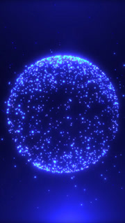 Blue glowing particle globe with digital dots and star-like data points, symbolizing global network and futuristic technology.