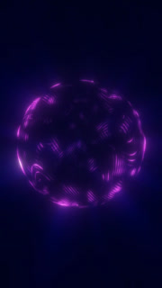 Abstract purple neon orb with glowing curved streaks and soft luminous haze on a deep blue background