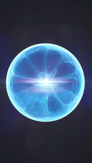 Translucent blue energy sphere with glowing core, lens flare, and cosmic mist on a dark background for futuristic science concepts.