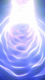 Bright white energy column inside a blue wireframe vortex, with glowing spiral trails and futuristic abstract technology motion.