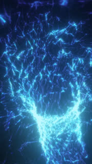 Abstract blue energy core formed by glowing polygonal lines and electric network connections on a dark futuristic background.