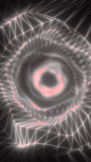 Futuristic wireframe eye vortex with glowing pink ring and digital mesh network on dark background