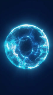Blue glowing cellular sphere with translucent membrane, electric veins, and dark background for futuristic biology concepts.