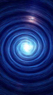 Blue spiral vortex with glowing central light, circular energy waves, and a deep cosmic futuristic background.
