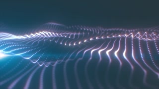 Abstract blue and purple particle waves flowing across a dark background, representing digital data, technology, energy, and communication.