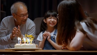 Happy girl on birthday party with family at home, Family celebrating child’s birthday with happiness