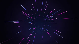 Looping motion background of glowing neon streaks racing outward from a dark center like faster-than-light hyperspace travel, with vibrant purple, magenta and blue rays on deep black. Ideal for intros, titles and technology or sci-fi projects.
