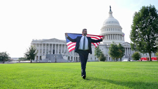 Man with American flag. Politician on independence day. Successful career in USA. Leadership and success. Successful political leader