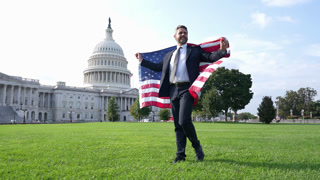 Successful political leader. Businessman at US Capitol. Businessman in Washington DC. Political influence. Politician on independence day