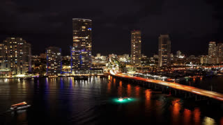 Night city. Miami south beach aerial view. Marina in Miami, Florida night hyperlapse. Hyperlapse Miami marina with luxury yacht. Summer