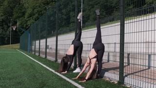 An energetic dynamic duo impressively showcasing their incredible handstands on a bright, sunny sports field