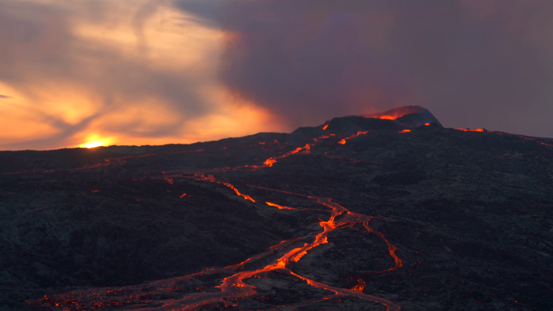Epic Sunset Erupting Volcano Lava Flowing Stock Footage SBV-353372770 ...