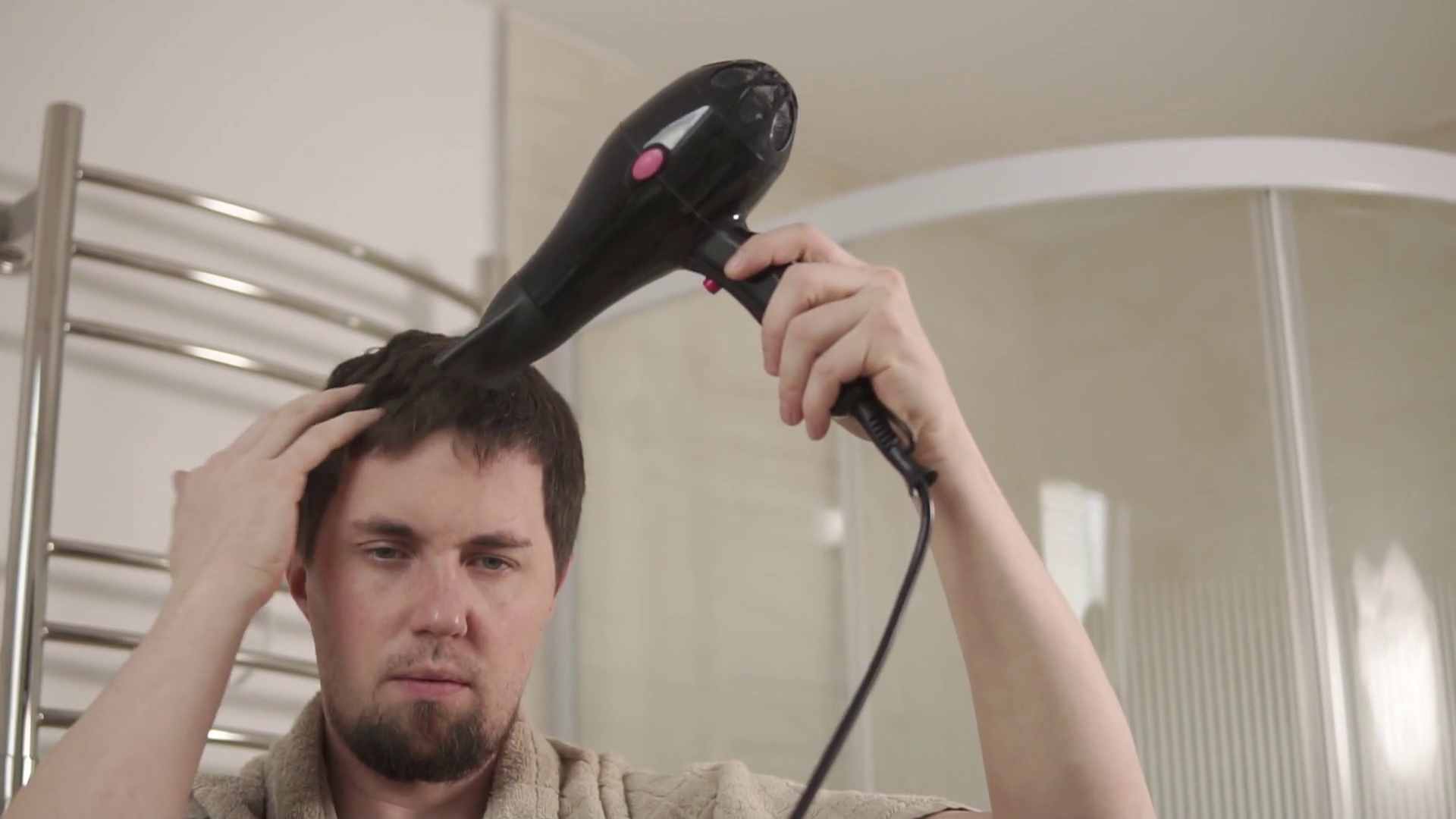 Handsome Man Is Drying Wet Hair Showering Stock Footage SBV338734148