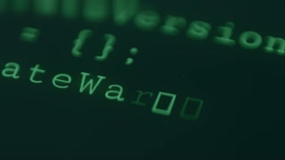 Green hacker text code, cyber crime concept, macro view