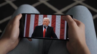 Person Watches US President Donald Trump's Speech at White House on His Mobile Phone. President Trump Holds "Make America Wealthy Again Event" In White House. Greer, SC, USA - August 03, 2025.