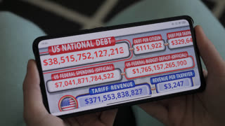 Running Total Display Showing Current United States Gross National Debt. USA National Debt Counter, Increasing Number of Unprecedented State Debt of United States of America on Mobile Phone Screen.