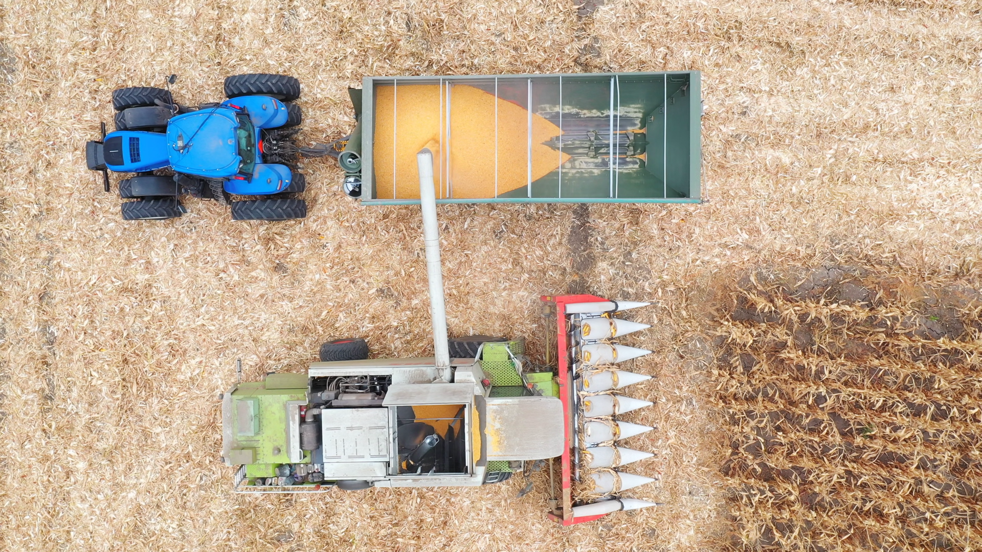 Aerial Shot Of Combine Loading Off Corn Stock Footage SBV-353609817 ...