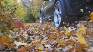 Powerful car crossing through alley at sunny day. Colorful autumn foliage flies out from under wheel of auto. Black SUV driving fast along