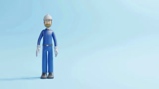 Three dimensional animated character wearing blue industrial overalls and a white hardhat waving and saluting against a solid blue studio background