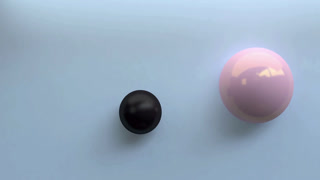 Minimalist top view of two glossy spheres black and pink rolling on a smooth light blue surface with soft lighting and shadows