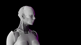 Futuristic female humanoid robot turning its head in a black studio with pink side lighting representing artificial intelligence and advanced technology