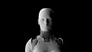 Close up portrait of a white humanoid robot head looking around in black and white style for science fiction and technology