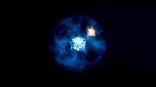 Abstract 3D animation of a glowing blue energy sphere with a bright core and an orange particle orbiting in dark space
