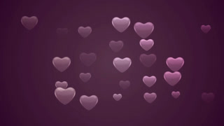 Floating pink and purple heart shapes moving across a dark maroon background for valentines day celebrations and romantic love themes
