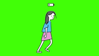 Exhausted young girl character walking slowly with a low battery icon above her head on a green screen chroma key background