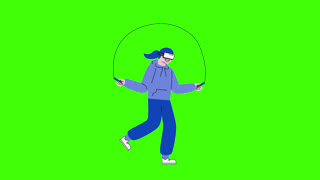 Girl wearing a virtual reality headset and jumping rope to represent exercise and fitness in the metaverse on a green screen background