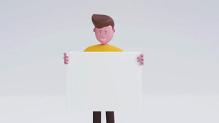3D animated man smiling holding a blank white board for text or image on a plain white studio background for advertising