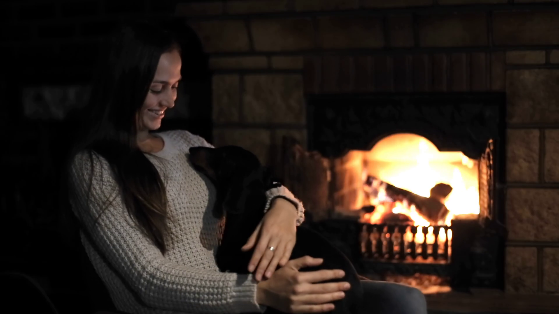 Pets People Woman Enjoying Time Fireplace Stock Footage SBV314766498