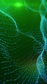 Glowing  particle waves flow across a futuristic digital landscape, illuminated by a bright light source, creating an abstract visualization of energy, data, connectivity, and innovation.
