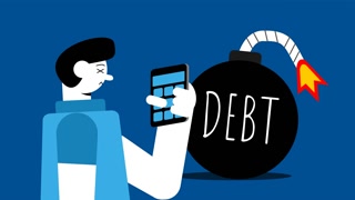 A bomb labeled "debt," with a man holding a calculator, representing being trapped in debt
