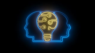 Glowing Neon Innovation Minds And Idea Lightbulb On Black Background