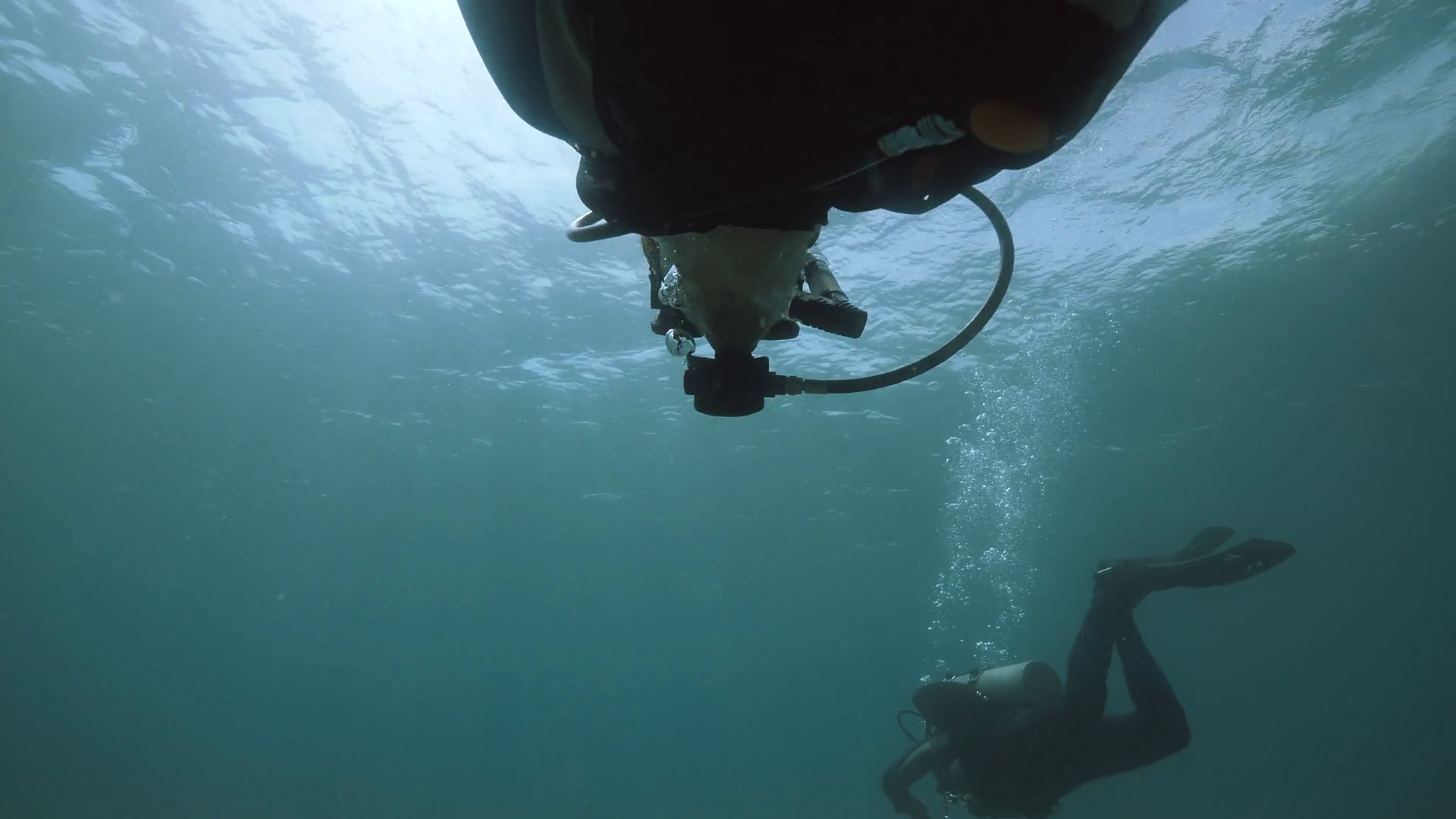 Male Scuba Divers Swimming In Deep Open Stock Footage SBV338108814