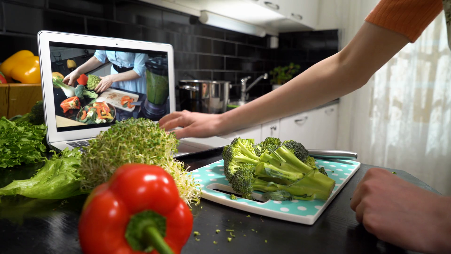 A Woman Follows Online Cooking Tutorial On Stock Footage SBV-351899747 ...
