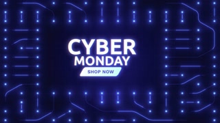 Looped animated CYBER MONDAY text over motion circuit background