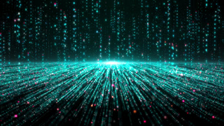 Green Digital Data Stream Horizon with Binary Code Rain and Perspective Data Grid, Futuristic Big Data and Cloud Computing Background Loop