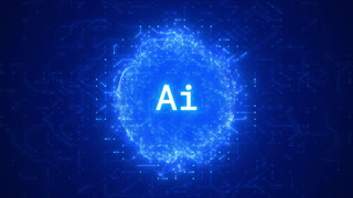 Abstract Glowing Blue Digital Sphere with Circuit Lines and Geometric Plexus Network, Futuristic AI Technology Core Background Loop 4K