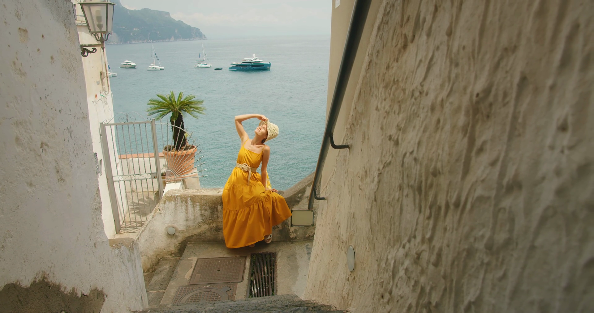 Woman Poses On Seaside Steps Overlooking Stock Footage SBV-352033048 ...