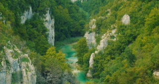 River gorge with limestone cliffs and turquoise stream in summer day