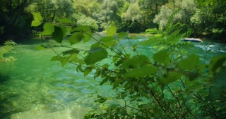 Man relaxing on inflatable raft floating on calm emerald river in green forest in summer Croatia