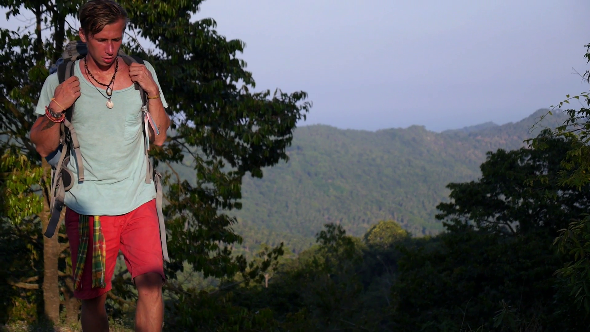 Tired Hiker Traveler Man with Backpack Trekking on Top Stock Video