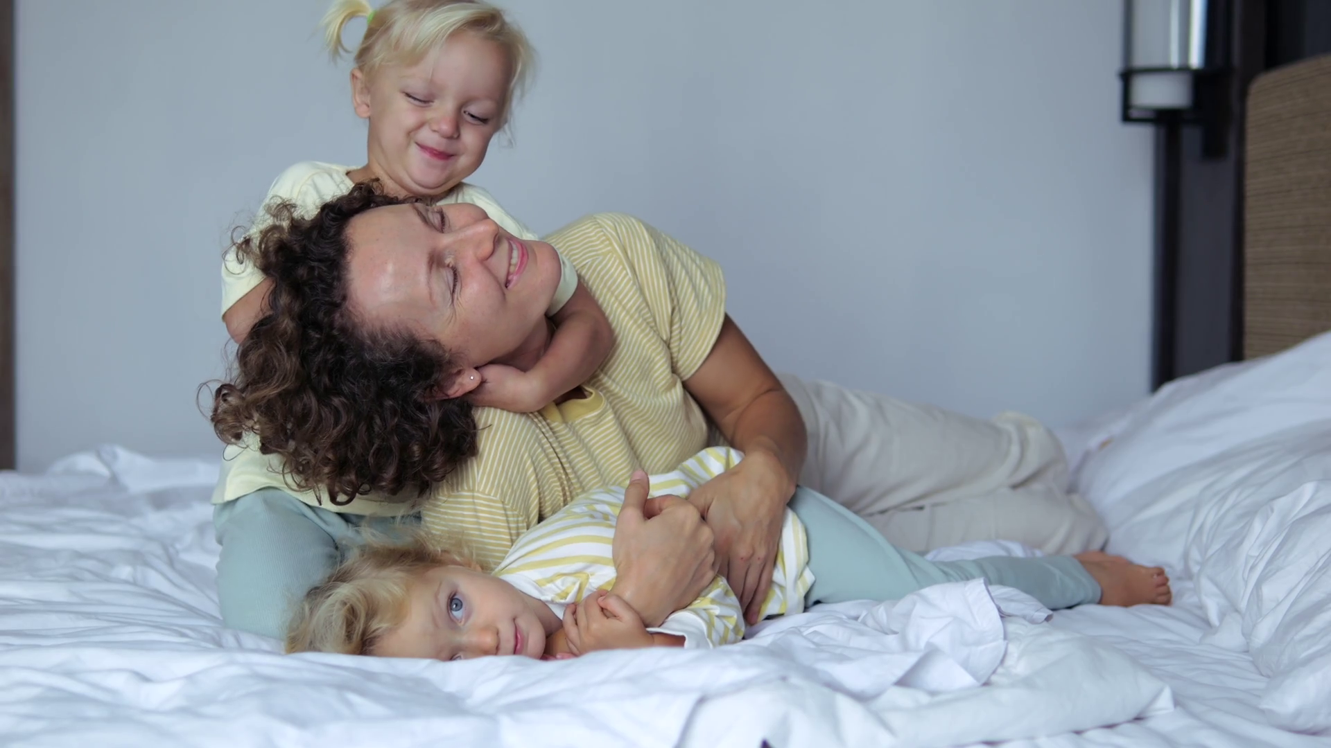 Loving Happy Kids Hug Beloved Mother Lying Stock Footage SBV-348456852 ...